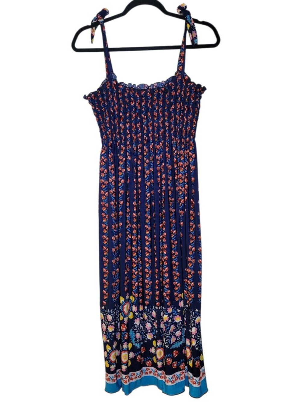 Lildy Navy Blue Floral Smocked Maxi Sundress Tie Shoulder Straps Size L/XL Boho